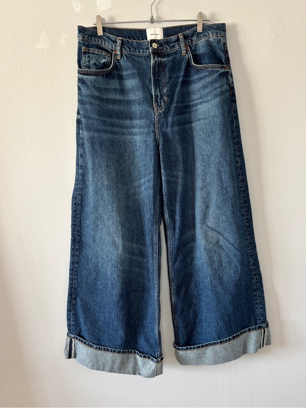 Reformation Eden Medium Wash Mid Rise Wide Leg Cotton Cuffed Jeans in Ozark